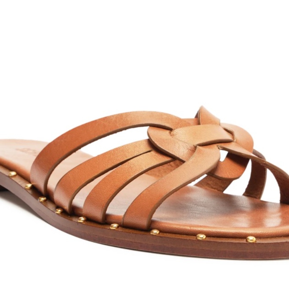 SCHUTZ NEW IN BOX PHOENIX FLAT LEATHER SANDAL 7.5
Woven Straps and Studded Sole